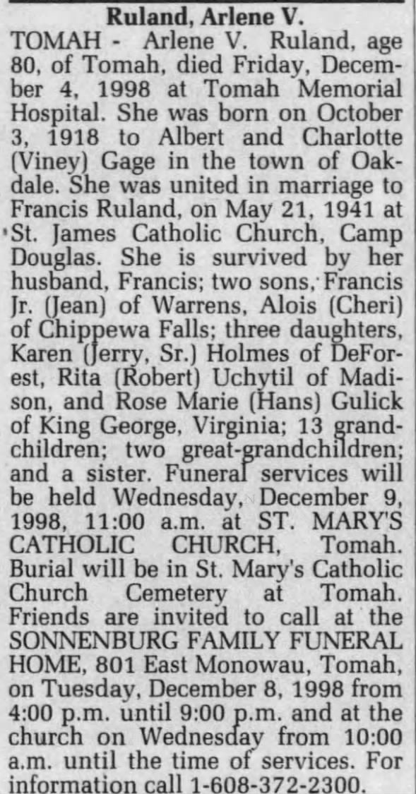 Obituary for Arlene V. Ruland, 1918-1998 (Aged 80)